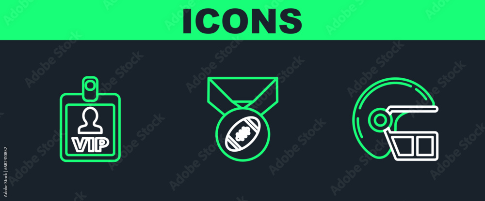 Set line American football helmet, VIP badge and Football with medal icon. Vector Set line American football helmet, VIP badge and Football with medal icon. Vector