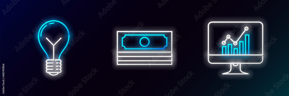 Set line Computer monitor with graph chart, Light bulb concept of idea and Stacks paper money cash icon. Glowing neon. Vector Set line Computer monitor with graph chart, Light bulb concept of idea and Stacks paper money cash icon. Glowing neon. Vector