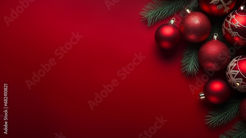 Christmas composition. Christmas red decorations, fir tree branches on red background. Flat lay, top view, copy space