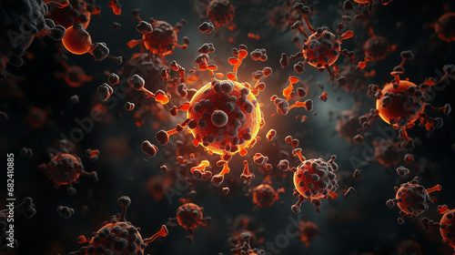 "Create a vivid red microscopic scene showcasing a dynamic virus with intricate details, conveying a sense of urgency and threat." 