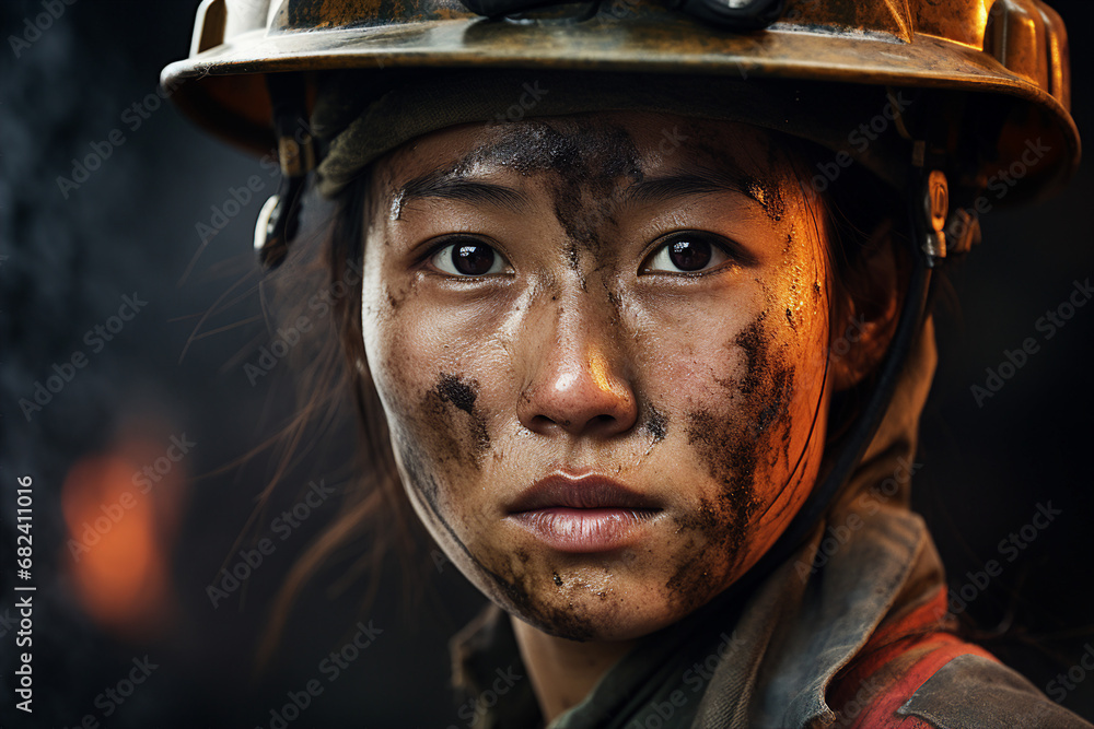 Generative ai technology portrait of mine worker wearing hardhat helmet standing in a mine Generative ai technology portrait of mine worker wearing hardhat helmet standing in a mine