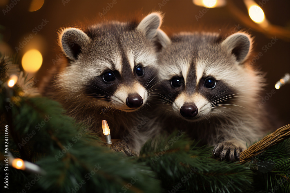 Charming couple of she and him raccoons spending chtistmas festive atmosphere Generative AI picture Charming couple of she and him raccoons spending chtistmas festive atmosphere Generative AI picture