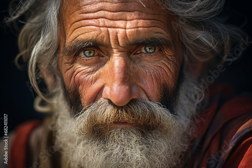 Close up photography of old poor homeless man with a sad look on his face generative ai image photo