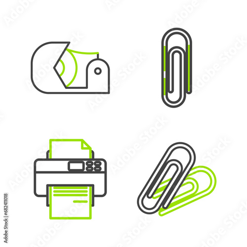 Set line Paper clip, Printer, and Scotch icon. Vector