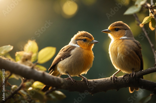 Two small cute birds sit on a branch on soft sunny background. Concept of love, friendship, family, Valentine's day. AI generated