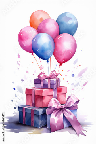 Gifts boxes with balloons on white background