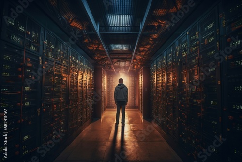 Person standing in front of dark server room. Cyber security specialist in database centrum. Generate ai photo