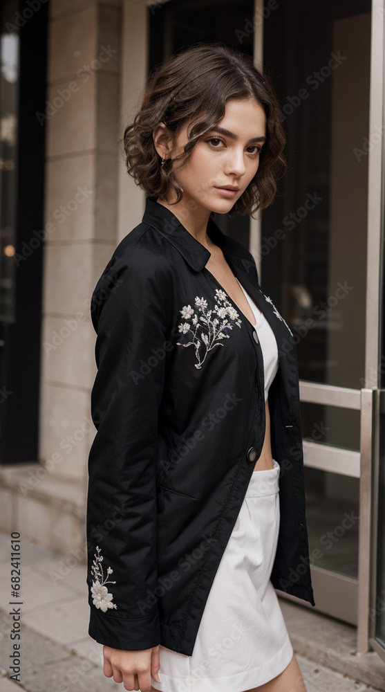 Hyper-Realistic, Model with short curly hair wearing a wonderful outfit