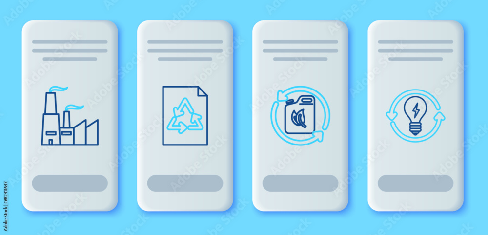 Set line Paper with recycle, Bio fuel canister, Factory and Recycle and light bulb lightning symbol icon. Vector Set line Paper with recycle, Bio fuel canister, Factory and Recycle and light bulb lightning symbol icon. Vector