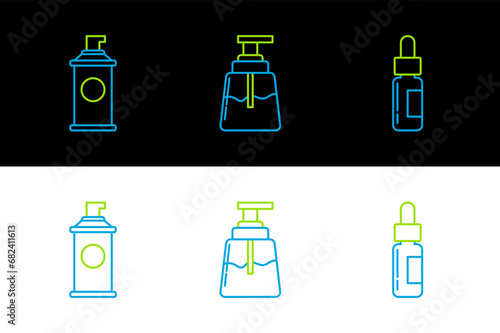 Set line Glass bottle with a pipette, Shaving gel foam and Aftershave icon. Vector