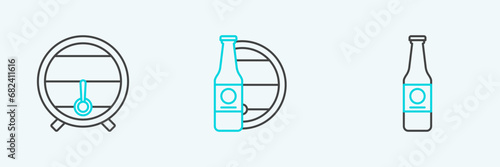 Set line Beer bottle, Wooden barrel on rack with stopcock and and wooden icon. Vector