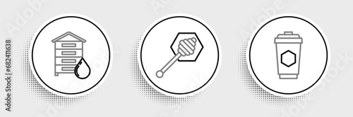 Set line Cup of tea with honey, Hive for bees and Honey dipper stick icon. Vector