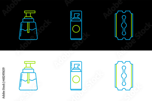 Set line Blade razor, Aftershave and Shaving gel foam icon. Vector
