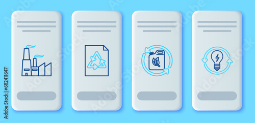 Set line Paper with recycle, Bio fuel canister, Factory and Recycle and light bulb lightning symbol icon. Vector