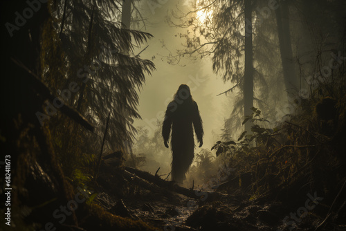 silhouette of a bigfoot creature in a forest photo