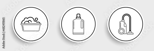 Set line Vacuum cleaner, Plastic basin with soap suds and bottles for liquid dishwashing liquid icon. Vector