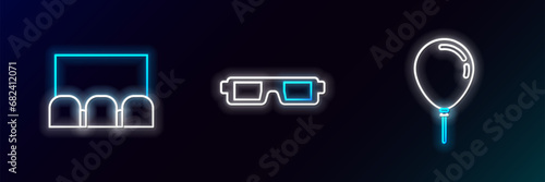 Set line Balloon with ribbon, and 3D cinema glasses icon. Glowing neon. Vector
