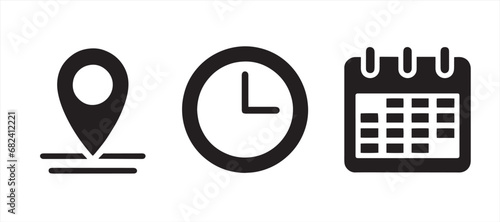 Address. time, and date icon vector. Clock, pin map location, and calendar sign symbol. Event elements. Black & white vector illustration
