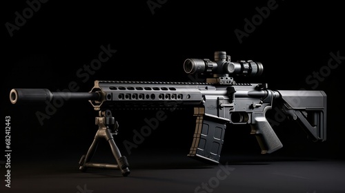 AR-15 firearm, Professional photo of an AR-15 firearm with cozy illumination, positioned on a bipod with a suppressor and sight.