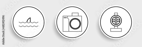 Set line Industry metallic pipes and valve, Shark fin in ocean wave and Photo camera for diver icon. Vector