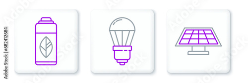 Set line Solar energy panel, Recycling plastic bottle and LED light bulb icon. Vector