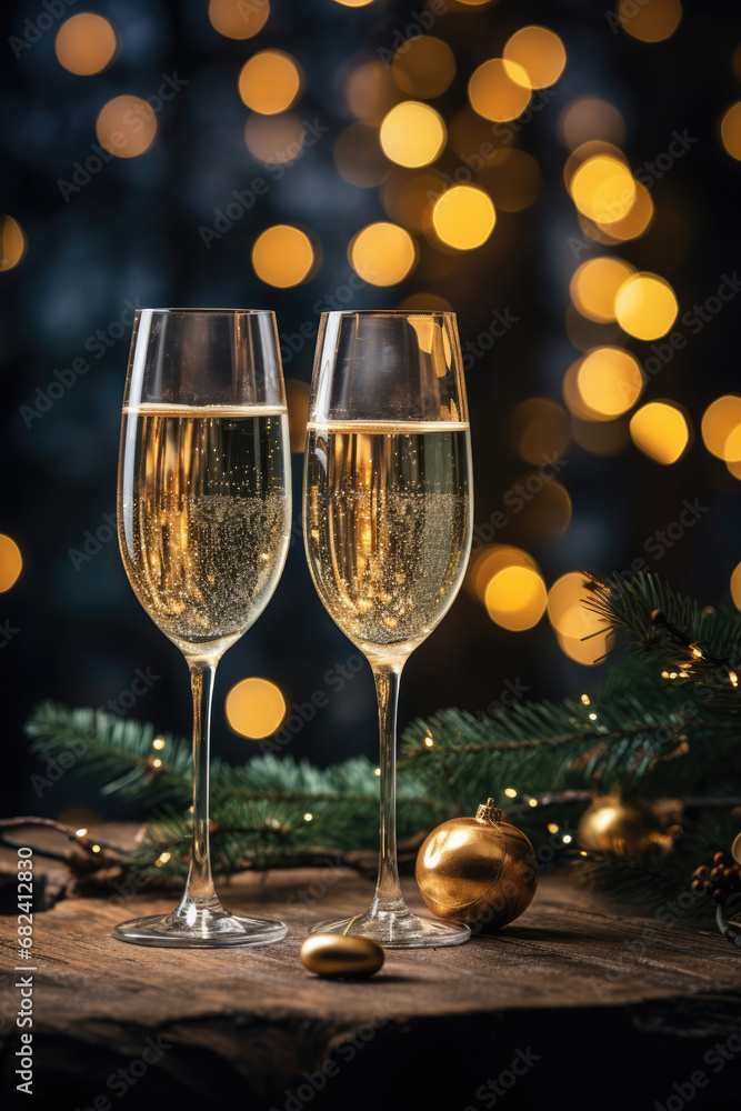 Two glasses of champagne with lights bokeh background