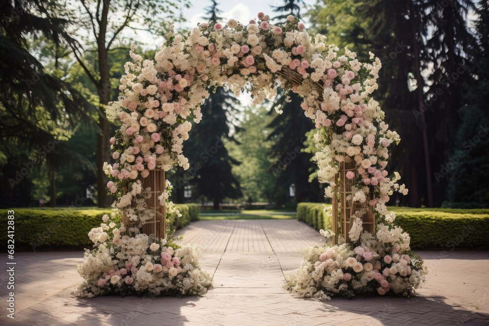 Decorative arch of flowers for wedding celebration