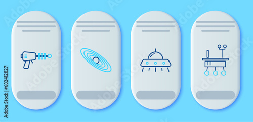 Set line Planet, UFO flying spaceship, Ray gun and Mars rover icon. Vector