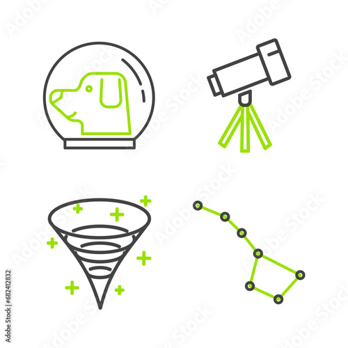 Set line Great Bear constellation, Black hole, Telescope and Dog in astronaut helmet icon. Vector