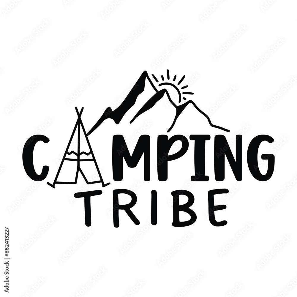 Camping quotes. Summer Lettering text. Camping, Hiking, Adventure letterings. Wild animals, fireplace, mountains, tents and other elements. Flat Vector illustration.