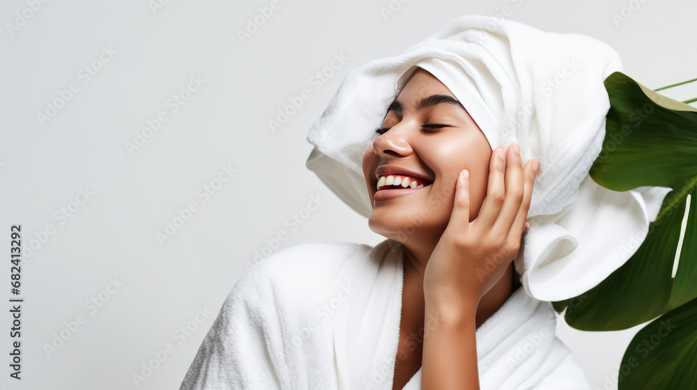 smiling young woman with a white towel on her head smiling young woman with a white towel on her head