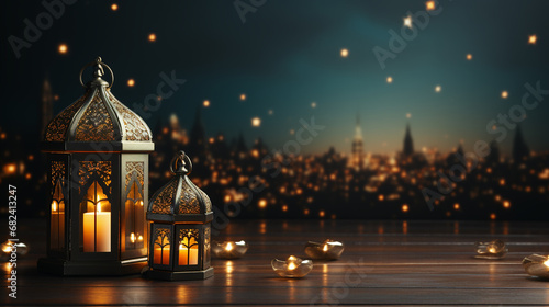 A lantern is placed on a wooden table with a beautiful background for the Muslim feast of the holy month of Ramadan Kareem. photo