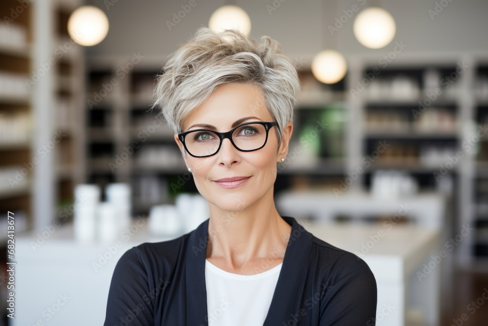 A white middle age blonde business woman with glasses at the shop looking at the camera A white middle age blonde business woman with glasses at the shop looking at the camera