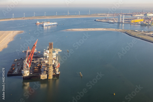 Aerial view deepwater construction and crane vessel in harbor Rotterdam