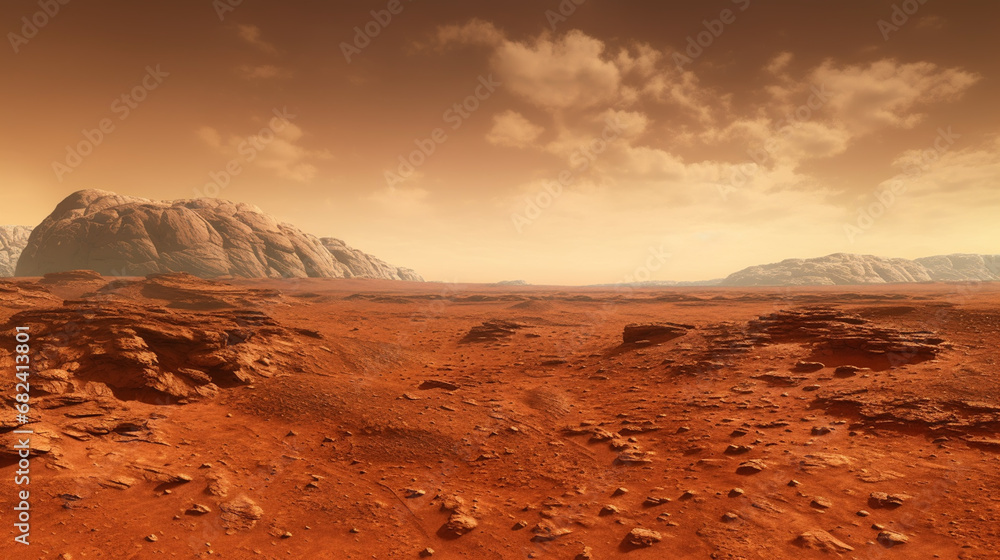 Landscape on the planet Mars, surface is a picturesque desert on red planet. artwork