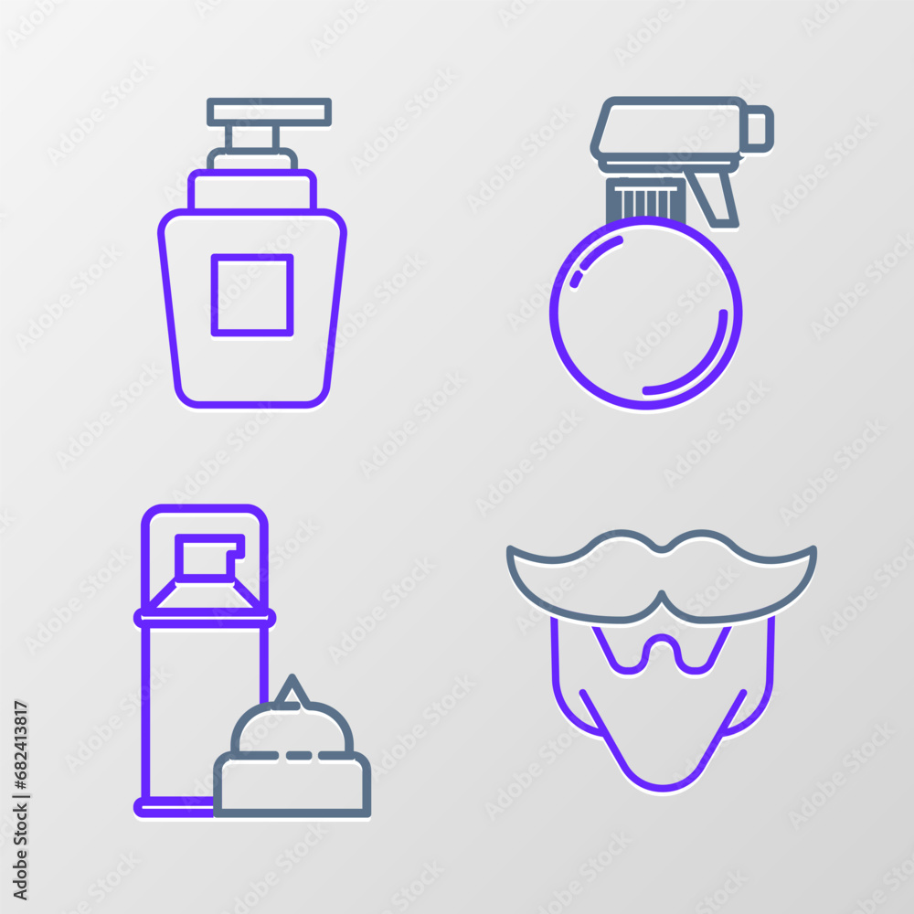 Set line Mustache and beard, Shaving gel foam, Hairdresser pistol spray bottle and Bottle of shampoo icon. Vector