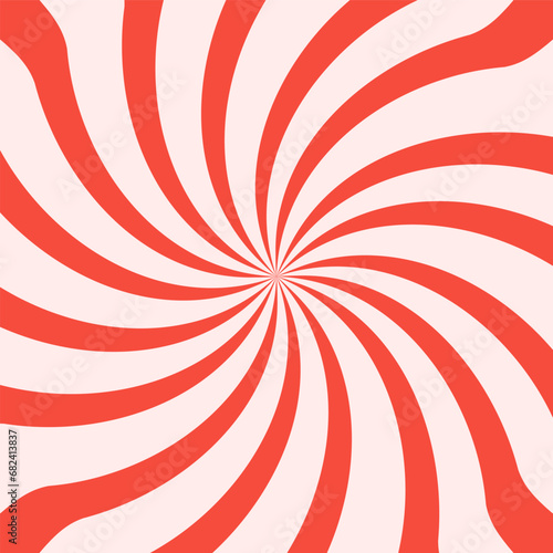 Bold and bright wavy retro sunburst design background in hot red and white colors. Groovy abstract psychedelic spiral shaped background. Tunnel Rays square backdrop. Vector illustration.