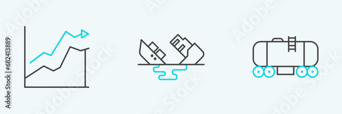 Set line Oil railway cistern, price increase and Wrecked oil tanker ship icon. Vector