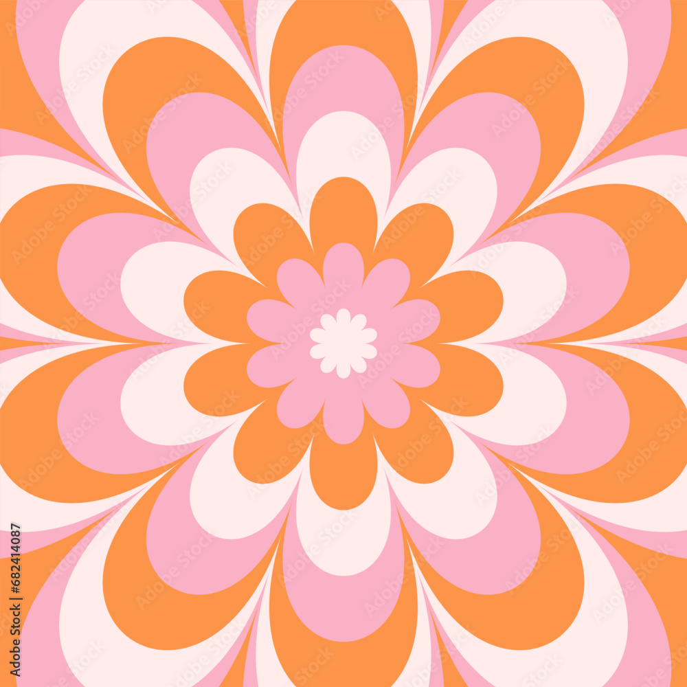 Fototapeta premium Groovy hippie 70s background. Wavy twirl pattern with daisy flowers. Twisted and distorted vector texture in a trendy retro psychedelic style. Y2k aesthetic.