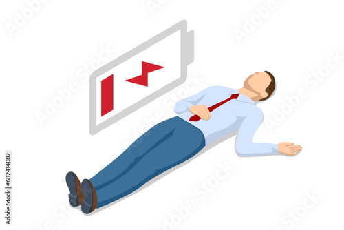 Isometric businessman lying down beside low battery indicator. Unhappy tired office worker manager man character lying on floor.