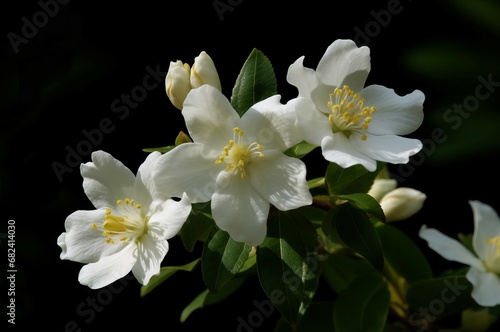 White Philadelphia jasmine flowers on dark background. Spring blossom sweet fragrant flora branch. Generate ai © nsit0108