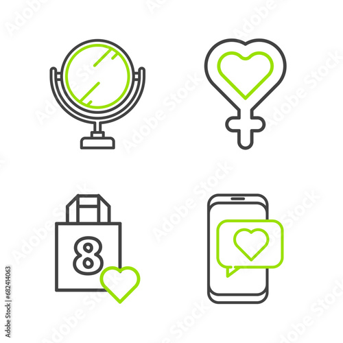 Set line Online dating app and chat, Shopping bag with heart, Female gender symbol and Round makeup mirror icon. Vector