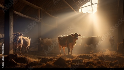 A Serene Scene: Cows Grazing in the Rustic Barnyard