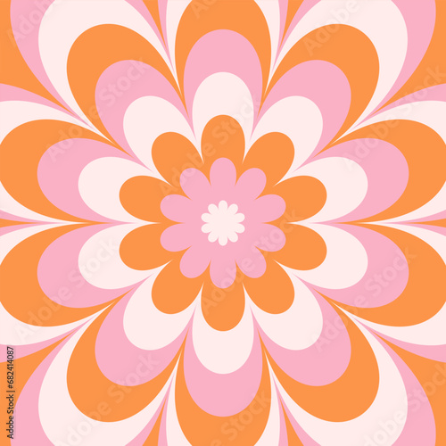 Groovy hippie 70s background. Wavy twirl pattern with daisy flowers. Twisted and distorted vector texture in a trendy retro psychedelic style. Y2k aesthetic.