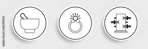 Set line Trunk for magic tricks, Magic mortar and pestle and stone ring with gem icon. Vector