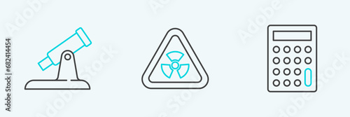 Set line Calculator, Telescope and Triangle with radiation icon. Vector