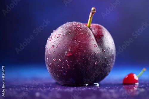 Violet plum covered with water splashes on blue surface. Purplish ripe summer fruit with aqua drops. Generate ai