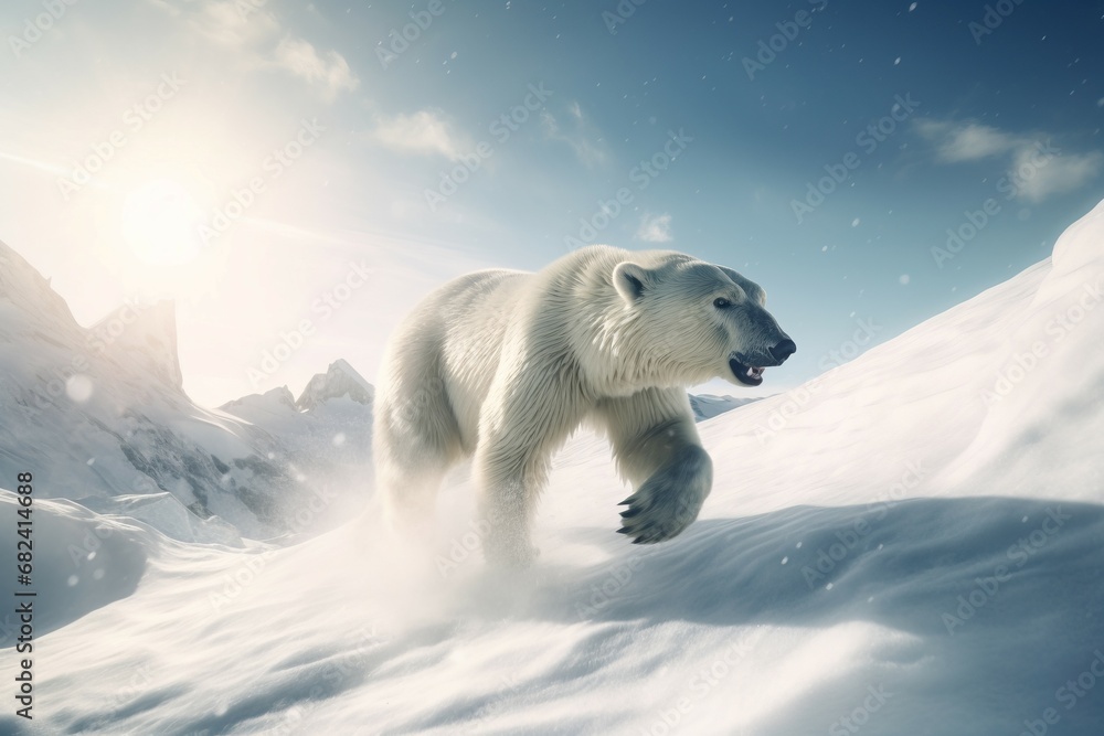 Polar bear running on glacier snowy surface. Artic white bear animal glacial environment. Generate ai - obrazy, fototapety, plakaty 