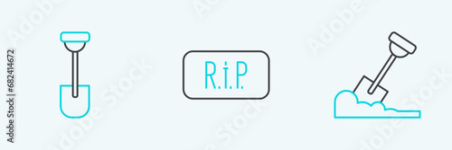 Set line Shovel in the ground, and Speech bubble rip death icon. Vector