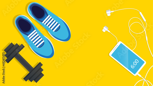 Health and fitness banner design. Flat lay composition with dumbbells, and Sneakers. Advertisement concept for a sports store or web design. Vector illustration.